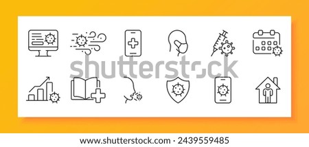 Virus icon set. Chemistry, molecule, test, magnifying glass, search, cotton swab, blood, syringe. Black icon on a white background. Vector line icon for business and advertising