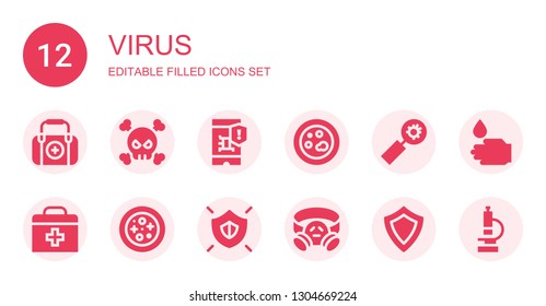 virus icon set. Collection of 12 filled virus icons included First aid, Virus, Petri dish, Bug, Shield, Gas mask, WASHING HANDS, Microscope