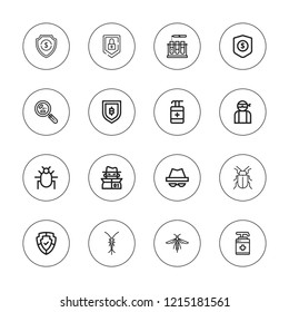 Virus icon set. collection of 16 outline virus icons with antiseptic, bacteria, bug, hacker, laboratory, parasite, security, shield, protection icons.