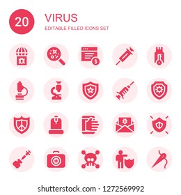 virus icon set. Collection of 20 filled virus icons included Virus, Disease, Ransomware, Vaccine, Secure, Microscope, Shield, Protect, Hacking, Malware, Medical kit, Protection