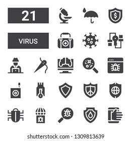 virus icon set. Collection of 21 filled virus icons included Hacking, Shield, Virus, Bug, Protect, Secure, Disease, Research, Needle, Hacker, First aid, Protection, Microscope
