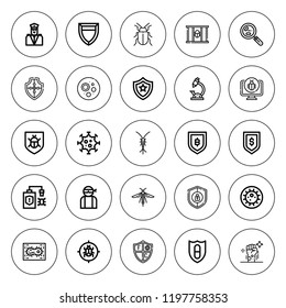 Virus icon set. collection of 25 outline virus icons with antivirus, bacteria, biology, bug, malware, hacker, microscope, petri dish, secure, shield icons. editable icons.