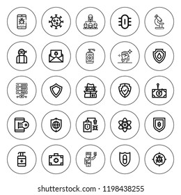 Virus icon set. collection of 25 outline virus icons with antiseptic, antivirus, biology, hacker, medical kit, malware, microscope, phishing, science icons. editable icons.