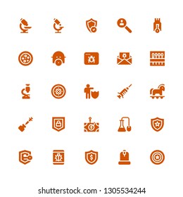 virus icon set. Collection of 25 filled virus icons included Shield, Microscope, Bug, Security, Science, Phishing, Vaccine, Trojan, Protection, Needle, Malware, Infected, Gas mask