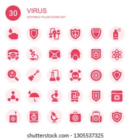 virus icon set. Collection of 30 filled virus icons included WASHING HANDS, Shield, Secure, Protect, Gas mask, Microscope, Security, Disease, Vaccine, Science, Virus, Bacterias