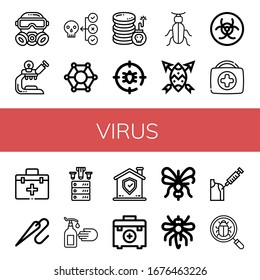 virus icon set. Collection of Gas mask, Microscope, Virus, Molecular, Cyber attack, Anti bug, Beetle, Shield, Biohazard, First aid kit, Needle, Ddos, Hand wash, Mosquito icons