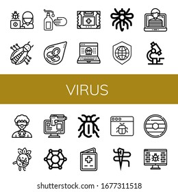 Virussymbol eingestellt. Sammlung von Hacker, Bug, Handwäsche, Blutkörperchen, Erste Hilfe-Kit, Hack, Moskito, Schild, Mikroskop, Forscher, Zombie, Online-Raub, Molekulare, Käfer-Symbole