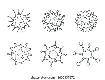 Virus icon set. The Molecule viral bacteria infection. Coronavirus. Flu laboratory infection test. Contour line vector.