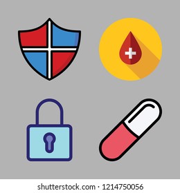 virus icon set. vector set about pills, padlock, blood and shield icons set.