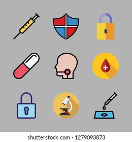 virus icon set. vector set about microscope, blood, shield and syringe icons set.