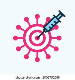 Virus icon as target of vaccine shot. Covid 19 vaccination concept. Syringe with covid vaccine hits in the virus. Vaccine or vaccination concept. Vector illustration.