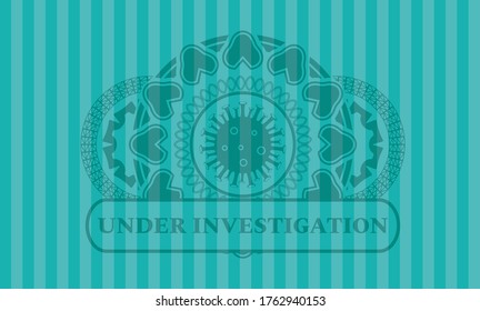 Icono de virus y debajo del texto de investigación emblema turquesa realista. Bares de delicado fondo. Ilustración vectorial. 