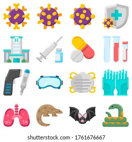 Virus icons in flat style for your science projects or health publications.
