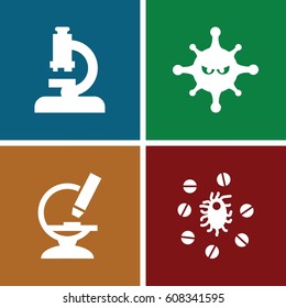 Virus icons set. set of 4 virus filled icons such as bacteria, microscope