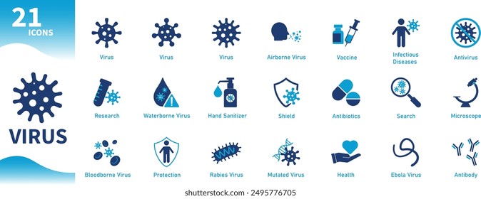 Virus icons. Set of icons for infectious diseases, microorganisms, scientific research, medical, health, medicine, vaccines. Solid vector icon