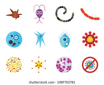 Virus icons set. Thirteen vector icons of influenza virus, coronavirus, adenovirus and other bacteria