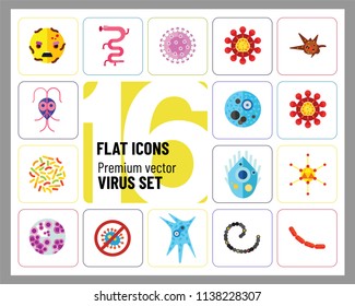 Virus icons set. Thirteen vector icons of influenza virus, coronavirus, adenovirus and other bacteria