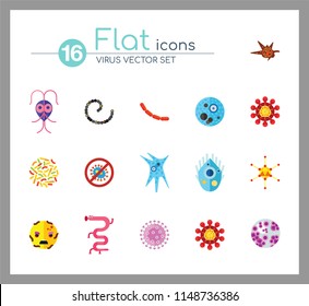 Virus icons set. Thirteen vector icons of influenza virus, coronavirus, adenovirus and other bacteria