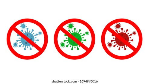 Virus icons. Stop corona. Sign bacteria danger. Antibacterial protection. Cell microbe infection. Warning coronavirus. Blue, green, red symbol of quarantine. Sign antiseptic and prevention. Vector.