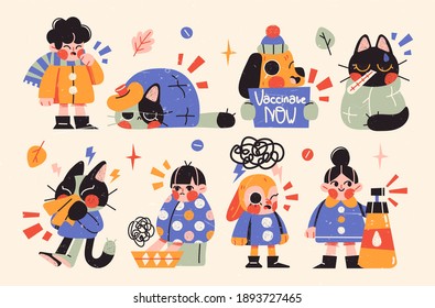 Virus, illness or flu concept. Young men and women have illness. Group of people got infected with virus. Simple flat vector