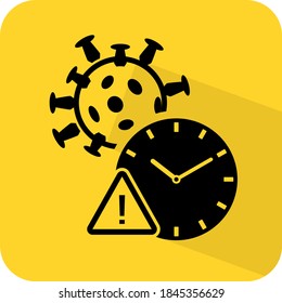 Virus incubation period. Pandemic time. viral alert. Germs caution warning Flat 3D shadow design. yellow background black vector. product brand service label banner board display. App icon.