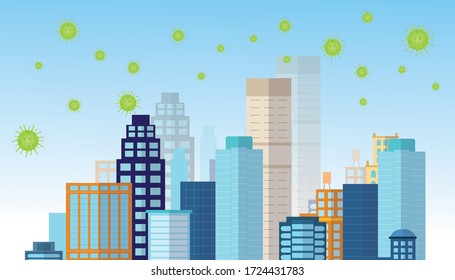 Virus infected capital building concept background. Virus around cityscapes. Web landing page template.  Suitable for banner, presentation, social or print media.