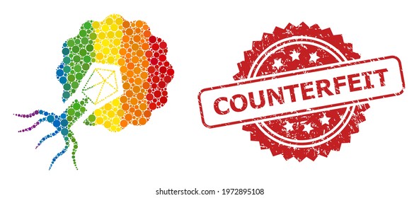 Virus infecting cell mosaic icon of spheric spots in variable sizes and LGBT color hues, and Counterfeit dirty rosette seal imitation. A dotted LGBT-colored Virus infecting cell for lesbians,