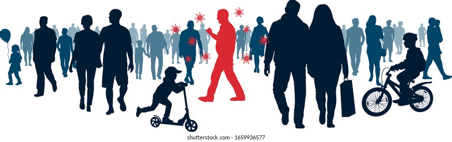 Virus infection coronavirus. Infecting society. Chinese disease. Mass congestion to people. Crowd of people. Silhouette vector illustration