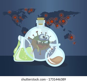 Virus infection. Coronavirus. Laboratory. Dangerous monster. researching center. Covid-19. 2019-ncov. Biotechnology. Science experiment.Monster virus in a beaker or tube. Infection map Vector cartoon.