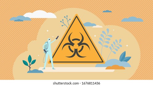 Virus infection outbreak sign vector illustration. COVID-19 flat tiny persons concept. Bio-hazard symbol alert. Human health threat prevention and public safety. Viral toxic sickness transmission risk