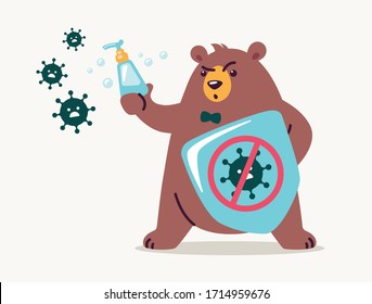 Virus infection prevention concept for kids - washing hands and using hand sanitizers. Cute bear cartoon holds shield and soap to fight and prevent virus. Medical health vector illustration flat style