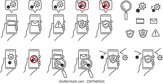 Infección por virus del smartphone. Advertencia de seguridad. Medidas de virus y hackeo. Problemas de Internet. Protección de datos personales. Medidas de seguridad seguras.