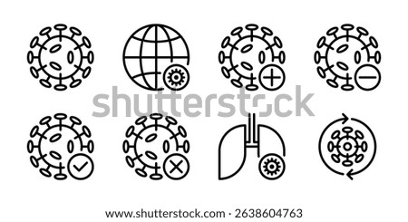 Virus and Infection Status Icon Set. Ideal for medical presentations, public health campaigns, and scientific research. Covers virus particles, global impact, test results, and affected organs.