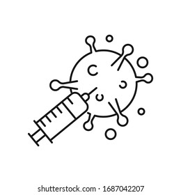 Virus and injection illustration. Concept of vaccination. Outline thin line icon. Flat style illustration.