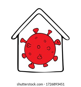 Virus dentro de la casa, para imprimir en una imprenta, diseño de afiches. Salvar al planeta del virus de la corona. Mantente a salvo, quédate en casa. Prevención de virus. Ilustración de vectores dibujada a mano en estilo doodle.