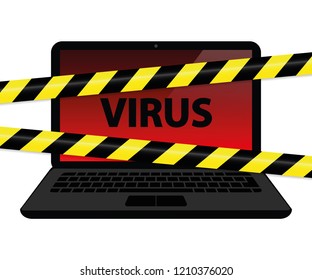 virus inside the laptop with warning tape internet crime vector illustration EPS10