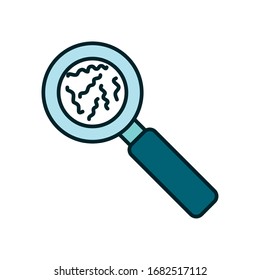 Virus inside lupe line and fill style icon design, Bacterium organism molecule microbe cell disease illness health medical and infection theme Vector illustration