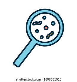 Virus inside lupe line and fill style icon design, Bacterium organism molecule microbe cell disease illness health medical and infection theme Vector illustration