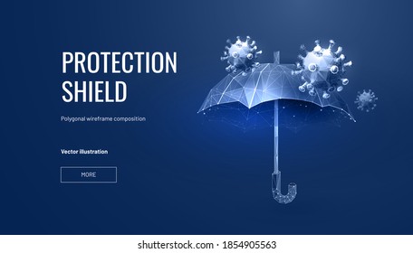 Virus insurance in futuristic polygonal style. Umbrella as a shield from germs and viruses, vector illustration isolated on a blue background