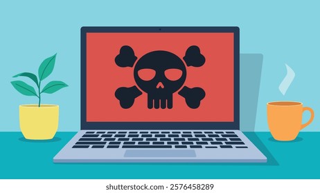 Virus laptop standing on the desk. on the laptop screen there is a black skull of the virus with a red background. Next to the laptop is a cup of coffee and a plant. Vector illustration in flat style.