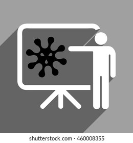 Virus Lecture long shadow vector icon. Style is a flat virus lecture black and white iconic symbol on a gray square background.