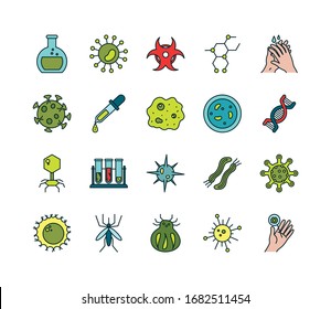Virus line and fill style icon set design, Bacterium organism molecule microbe cell disease illness health medical and infection theme Vector illustration