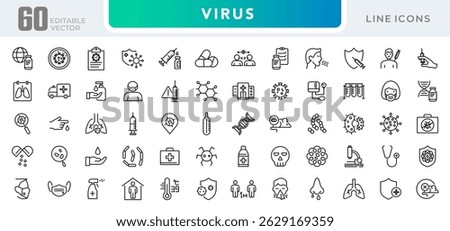 Virus line icon set. Bacteria, Bacteria, microbiology, biohazard, disease, virus protection, vaccine, protective, microorganism, and health awareness outline vector icon. UI thin outline icon pack