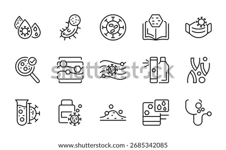 Virus line icon set. Infection, symptoms, treatment, Flu Test, sore throat, vitamin C, prescription, respiratory spread, hand washing, humidifier line icon set. Ui thin line icon pack.