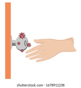 The Virus Lives On The Doorknob And Humans Are Reaching Out To Catch The Doorknob.  Flat Design Vector