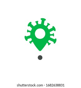 Virus location icon, pin to infected area indicate on map. Infection place pointer, flat point template. Marker for medical infographics, research and social publications. Vector illustration.