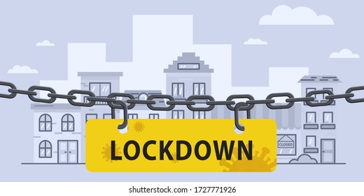 Virus lockdown barrier chain over city. Pandemic. Biohazard warning sign. Stock vector illustration in flat design.