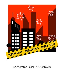 Virus lockdown barrier tape over city. Coronavirus pandemic.