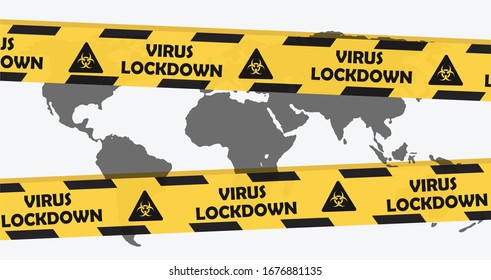 Virus lockdown barrier tape over world map. Coronavirus pandemic. Covid19