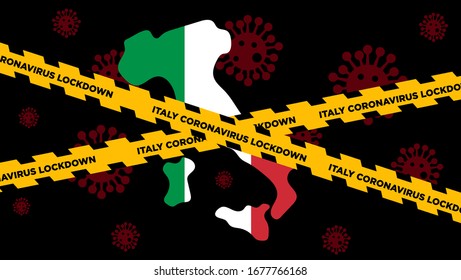 Virus lockdown barrier tape over italy map. Coronavirus pandemic. Outbreak. Italy coronavirus lockdown. Concept of coronavirus quarantine. Banner,poster, flyer,landing page with place for information